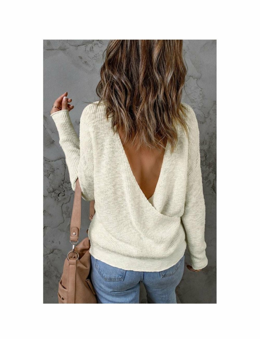 Women Azura Exchange Wraps & Ponchos | Azura Exchange Beige V Neck Wrap Backless Knit Sweater