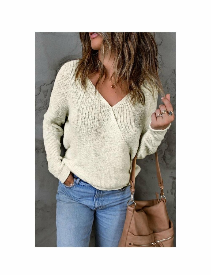 Women Azura Exchange Wraps & Ponchos | Azura Exchange Beige V Neck Wrap Backless Knit Sweater