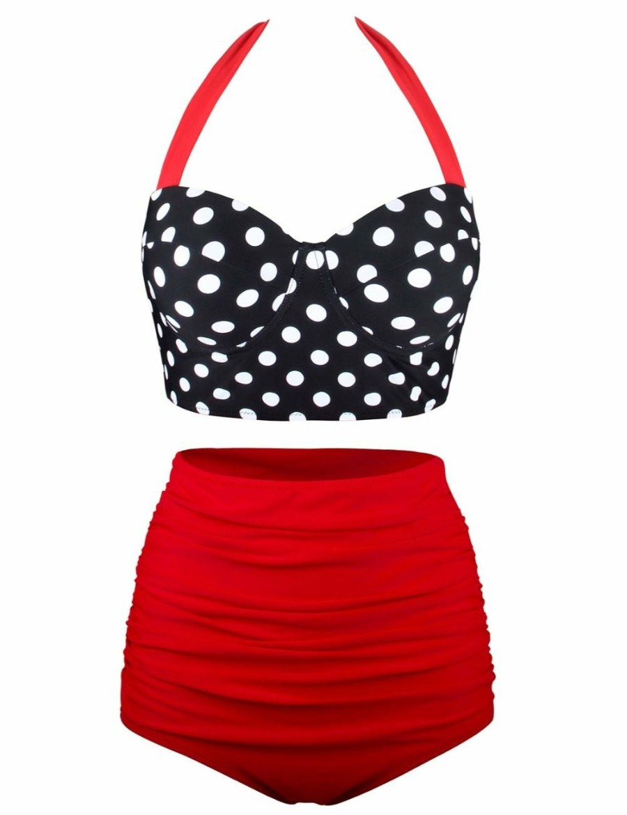 Women Azura Exchange Bikini | Red Vintage Halter Push Up Polka Dot High Waist Tummy Control Plus Size Bikini