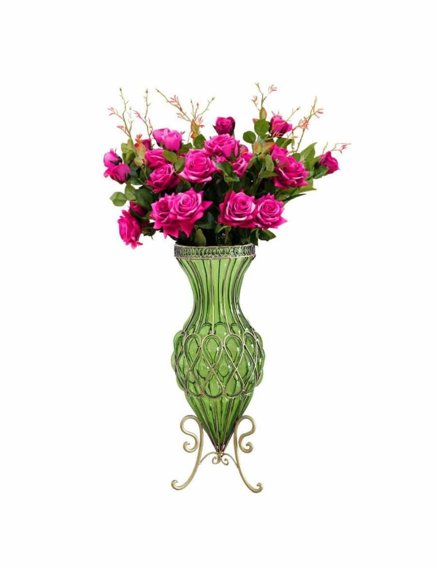 Home And Lifestyle Soga Artifical Plants | Soga 67Cm Green Glass Tall Floor Vase And 12Pcs Dark Pink Artificial Fake Flower Set