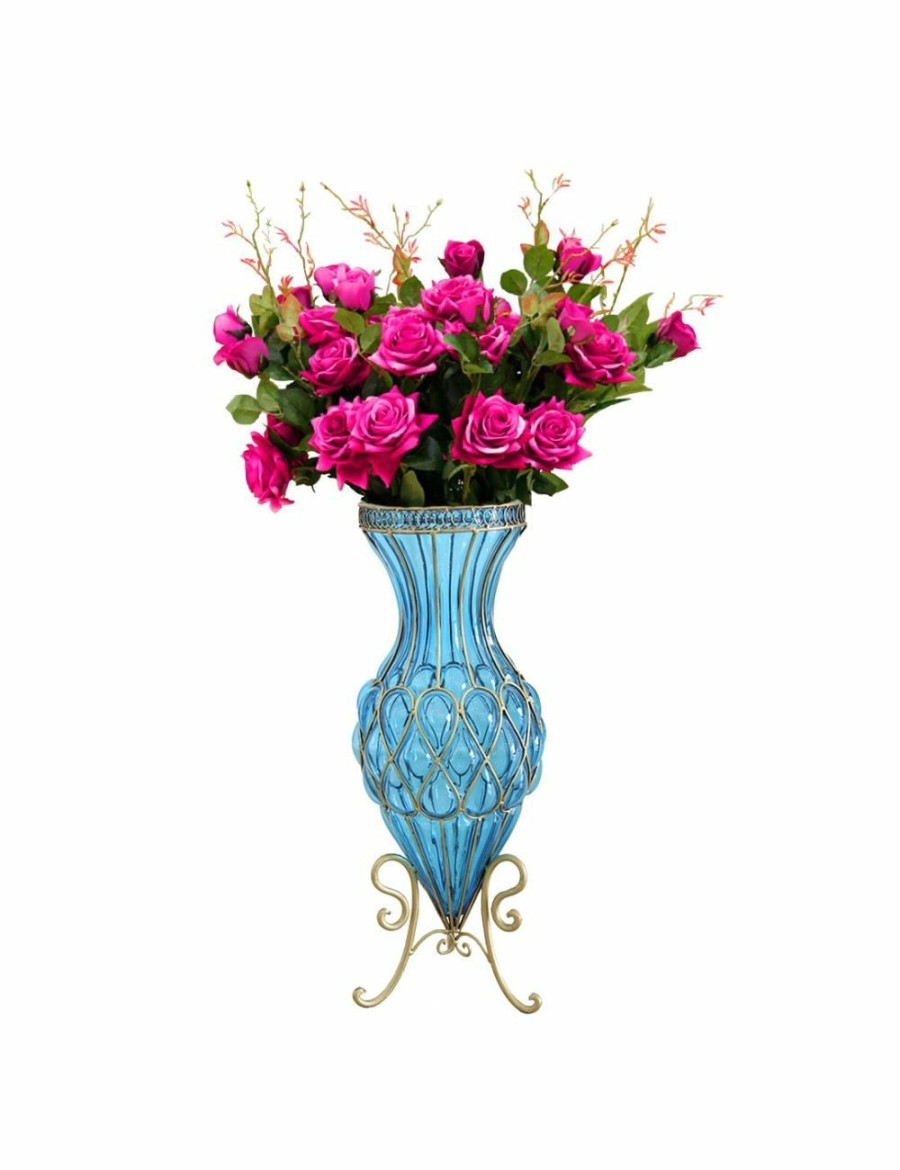 Home And Lifestyle Soga Vases & Bowls | Soga 67Cm Blue Glass Vase And 12Pcs Artificial Flowerss