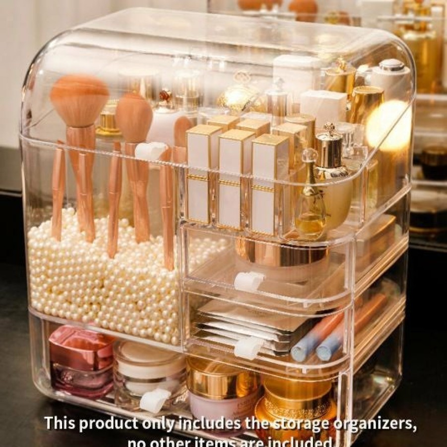 Beauty Soga | Soga Transparent Cosmetic Storage Box Clear Makeup Skincare Holder With Lid Drawers Waterproof Dustproof Organiser With Pearls