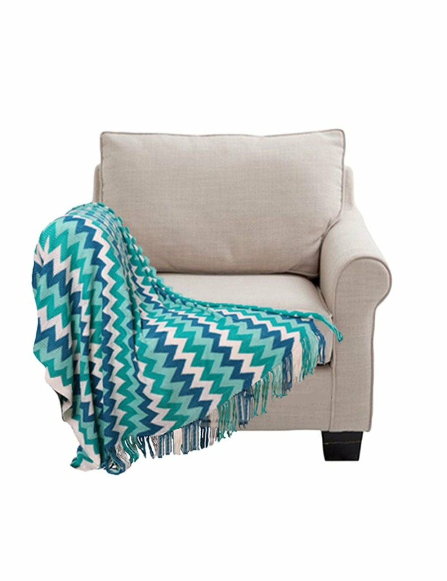 Home And Lifestyle Soga Blankets | Soga 220Cm Blue Zigzag Striped Throw Blanket Acrylic Wave Knitted Fringed Woven Cover Couch Bed Sofa Home Decor