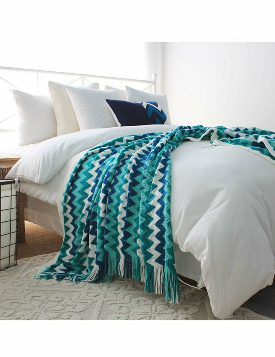 Home And Lifestyle Soga Blankets | Soga 220Cm Blue Zigzag Striped Throw Blanket Acrylic Wave Knitted Fringed Woven Cover Couch Bed Sofa Home Decor