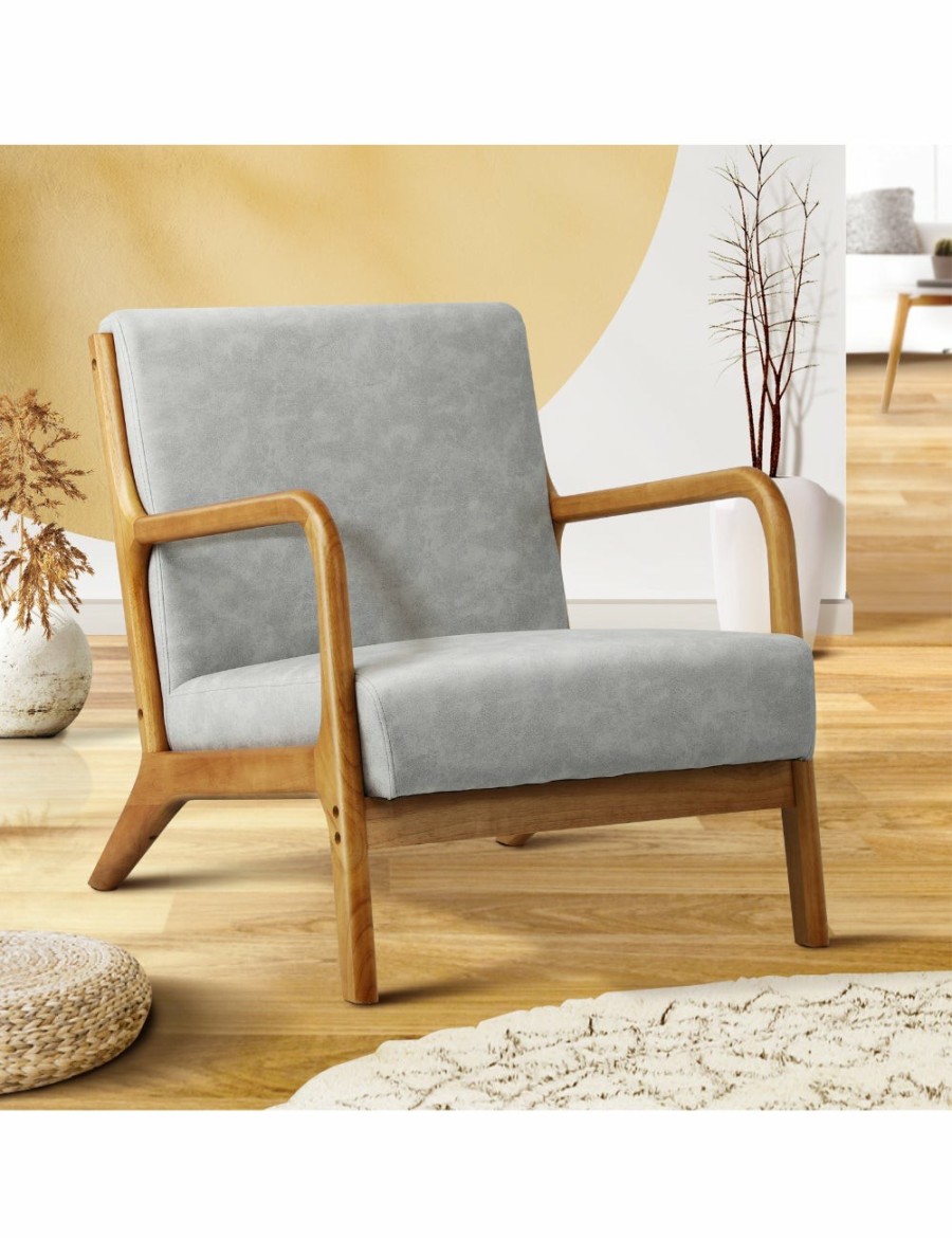 Home And Lifestyle Oikiture Armchairs & Sofas | Oikiture Armchair Lounge Chair Accent Armchairs Couches Sofa Wood Light Grey