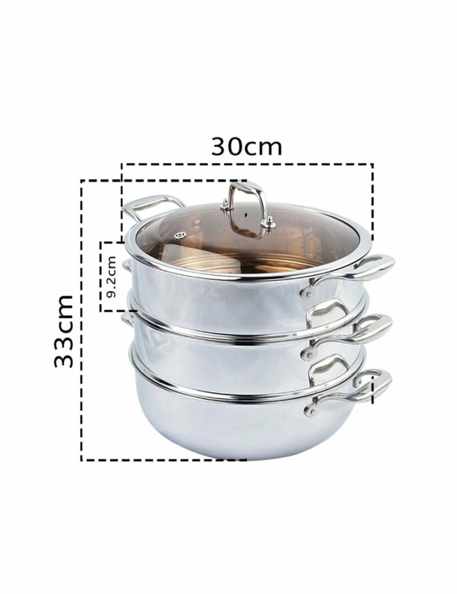 Home And Lifestyle Soga Cookware | Soga 2X 3 Tier 30Cm Heavy Duty Stainless Steel Food Steamer Vegetable Pot Stackable Pan Insert With Glass Lid