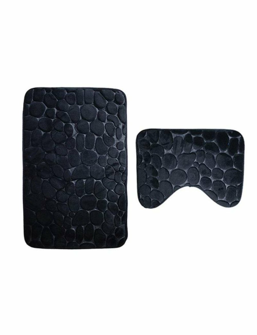 Home And Lifestyle HOD Health & Home Bath Mats | Pebbles Bath Mat Set Bathroom Square Shaped And U-Shaped Non-Slip Floor Mats - Black