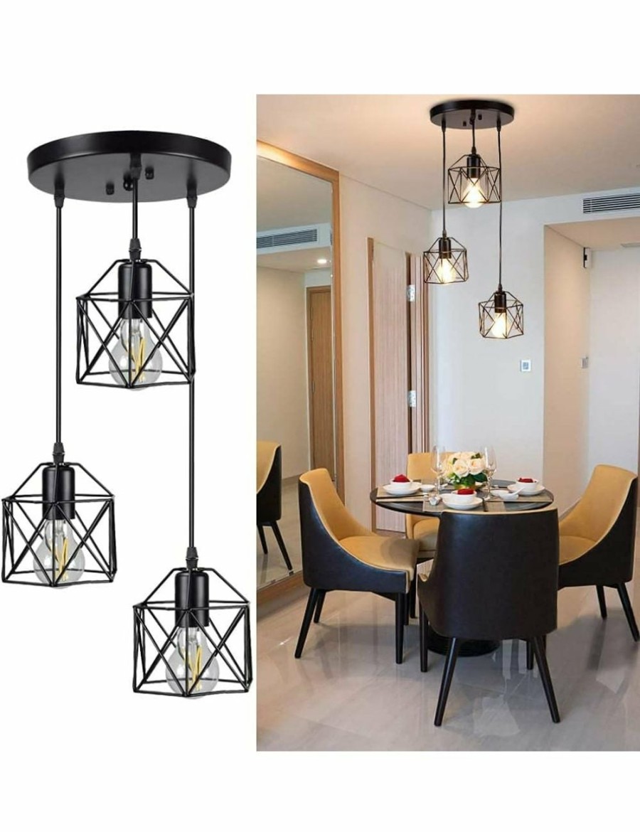 Home And Lifestyle VIKUS Shades & Fixtures | Vintage 3-Light Adjustable Hanging Pendant Light Fixture Cage Shade Industrial Kitchen Dining Room Hallway E27 Base Black