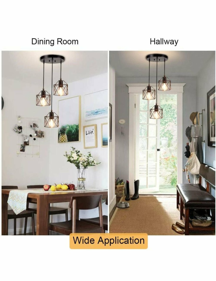 Home And Lifestyle VIKUS Shades & Fixtures | Vintage 3-Light Adjustable Hanging Pendant Light Fixture Cage Shade Industrial Kitchen Dining Room Hallway E27 Base Black