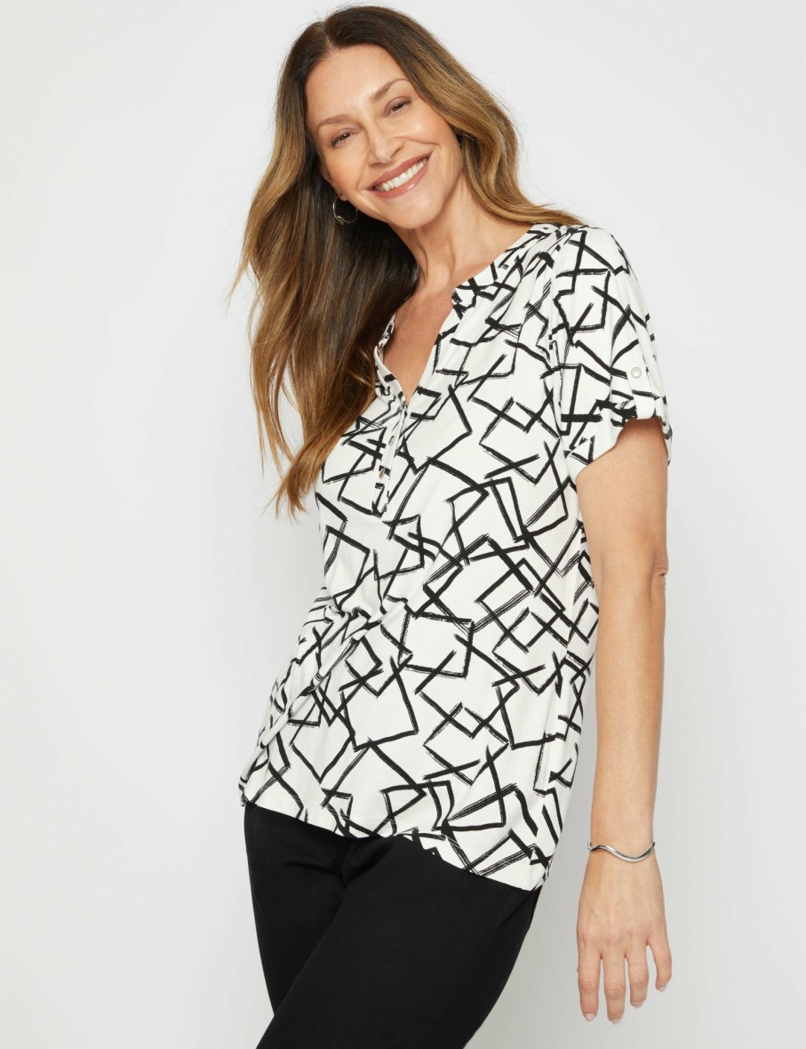 Women Millers Tees | Millers Extended Sleeve Half Placket Top With Sleeve Tab