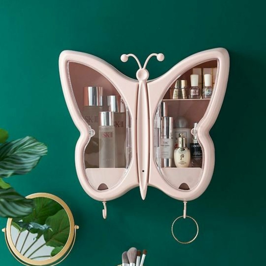 Home And Lifestyle Soga Bathroom Storage | Soga 2X Pink Butterfly Shape Wall-Mounted Makeup Organiser Dustproof Waterproof Bathroom Storage Box Home Decor