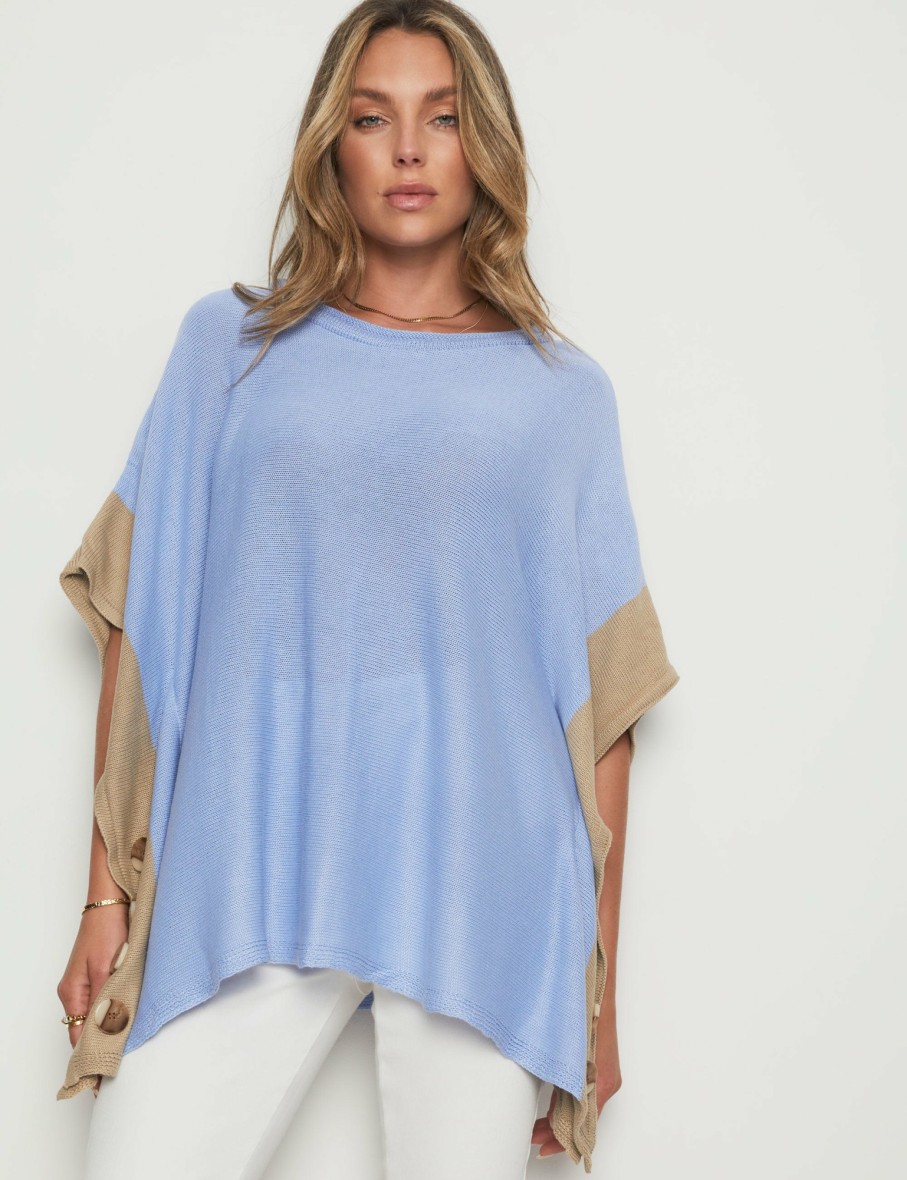 Women Rockmans Wraps & Ponchos | Rockmans Elbow Sleeve True Knitwear Poncho Buttons