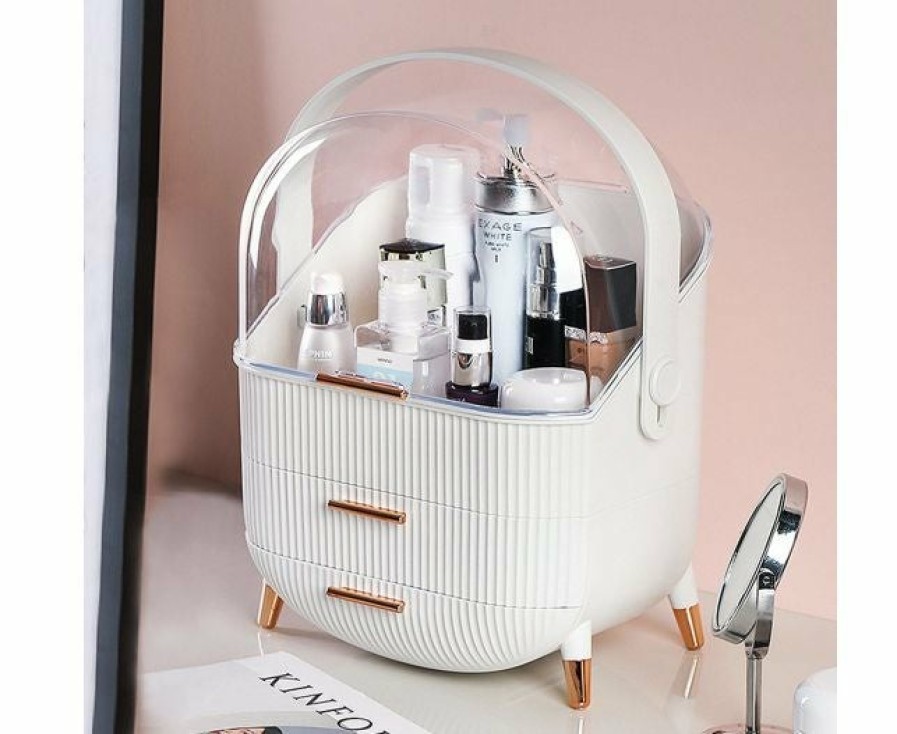 Beauty Soga | Soga 2X 29Cm White Countertop Makeup Cosmetic Storage Organiser Skincare Holder Jewelry Storage Box With Handle