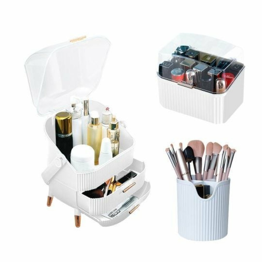 Beauty Soga | Soga White Cosmetic Jewelry Storage Organiser Set Makeup Brush Lipstick Skincare Holder Jewelry Storage Box With Handle