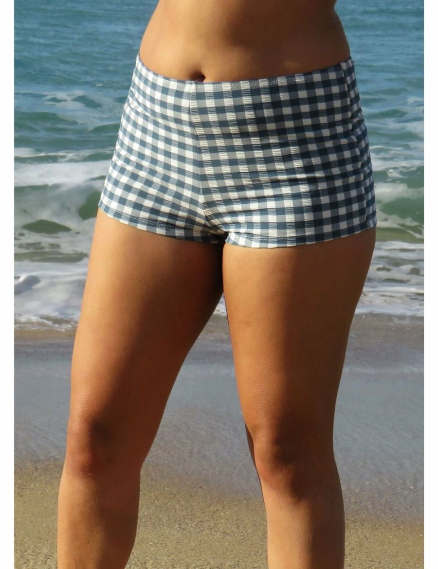 Women LaSculpte Swim Shorts | Gingham Boyleg Bikini Bottom Denim - 16