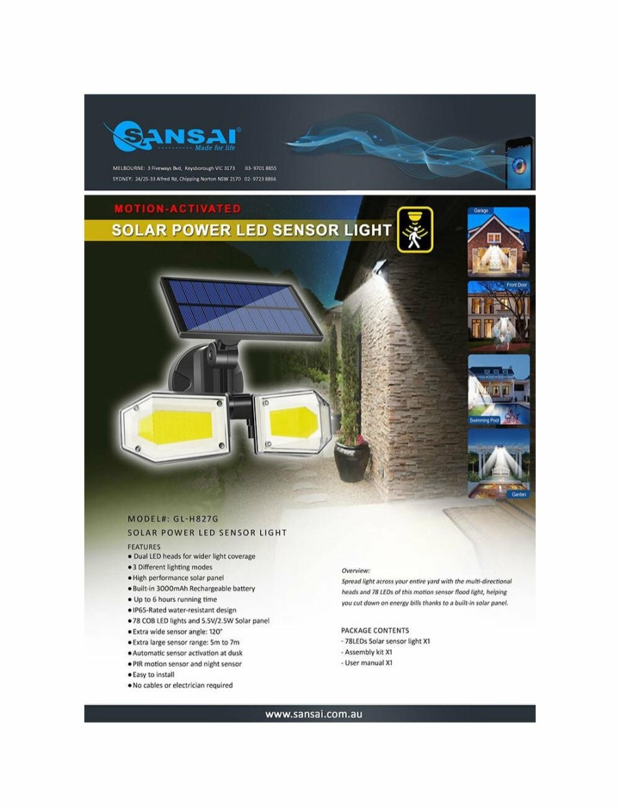 Home And Lifestyle SANSAI Outdoor Lights | Sansai Solar Power Led Sensor Light Outdoor Motion Activated 2400Mah 3 Modes