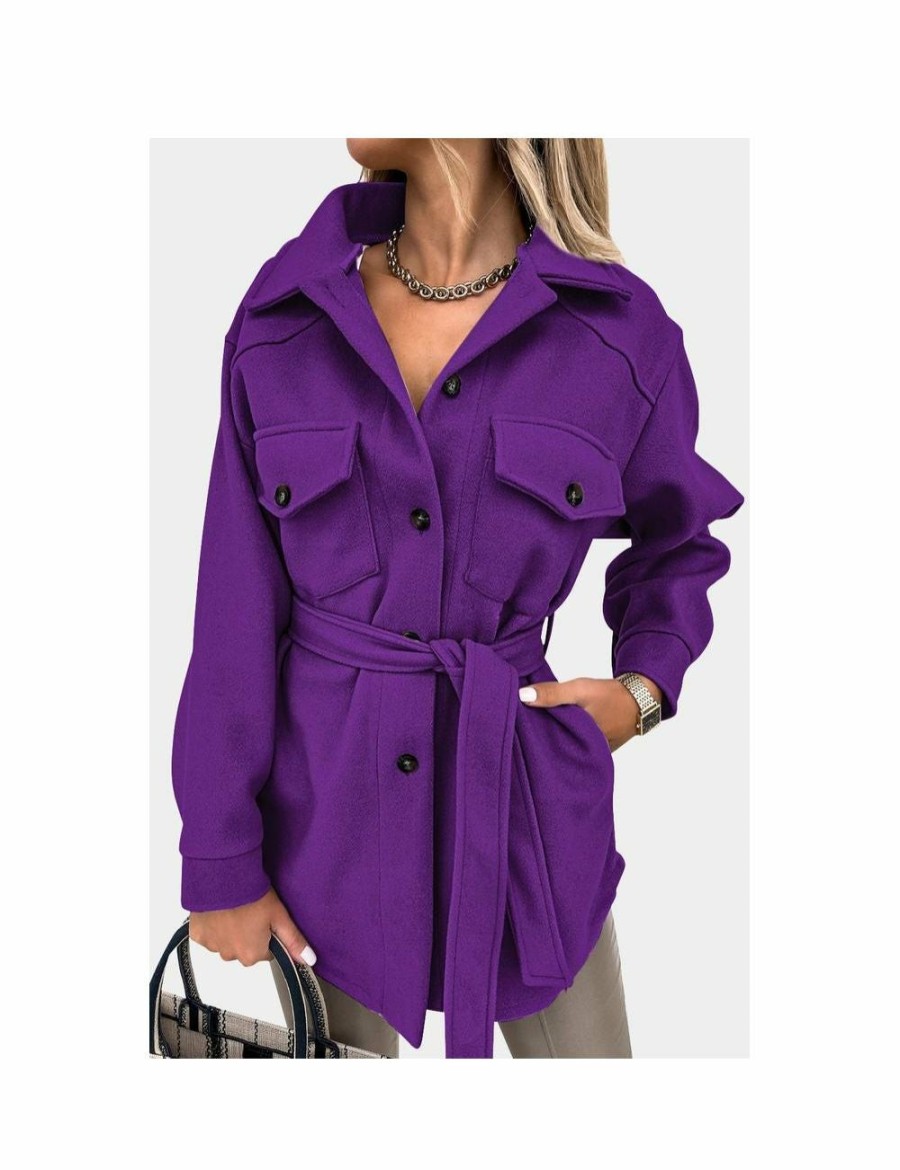 Women Azura Exchange Coats | Azura Exchange Purple Lapel Button-Down Coat With Chest Pockets