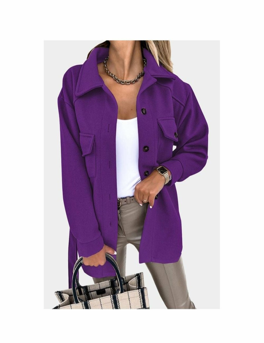 Women Azura Exchange Coats | Azura Exchange Purple Lapel Button-Down Coat With Chest Pockets