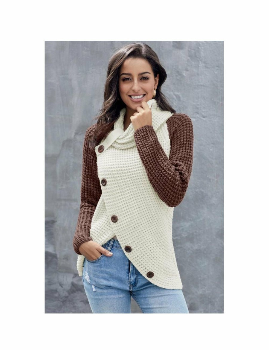 Women Azura Exchange Wraps & Ponchos | Azura Exchange Button Turtle Cowl Neck Asymmetric Hem Wrap Pullover Sweater