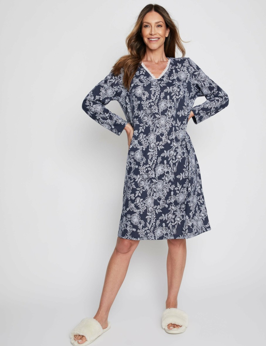 Women Millers Nighties | Millers Long Sleeve V Neck Lace Trim Printed Nightie