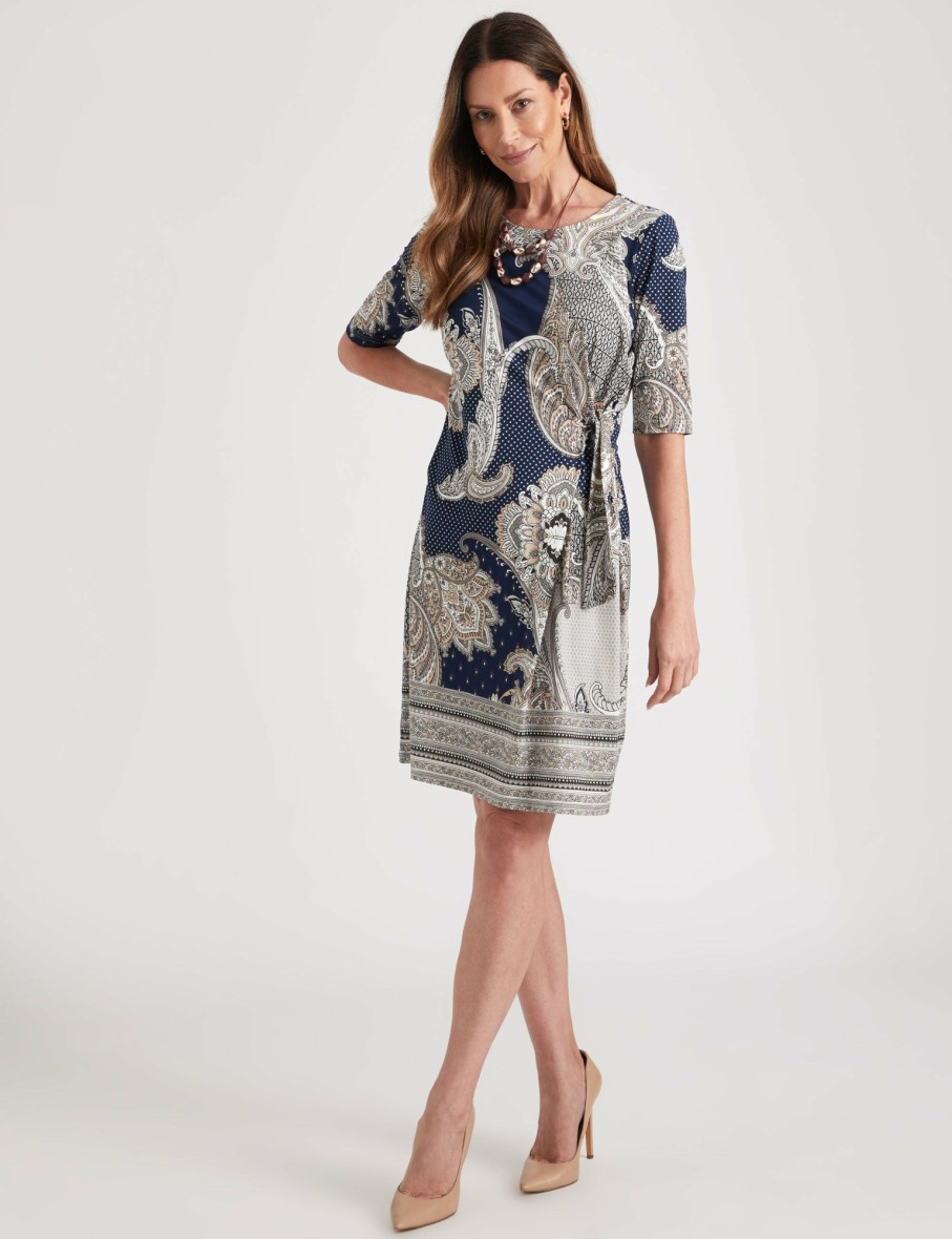 Women Millers Midi Dresses | Millers 3/4 Sleeve Printed Knee Length Dress With Side Tie