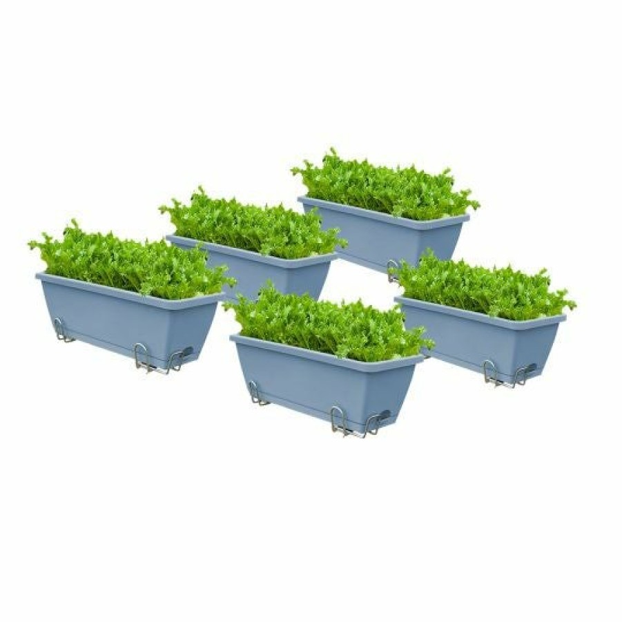 Outdoors Soga Garden Decor | Soga 49.5Cm Blue Rectangular Planter Vegetable Herb Flower Outdoor Plastic Box With Holder Balcony Garden Decor Set Of 5