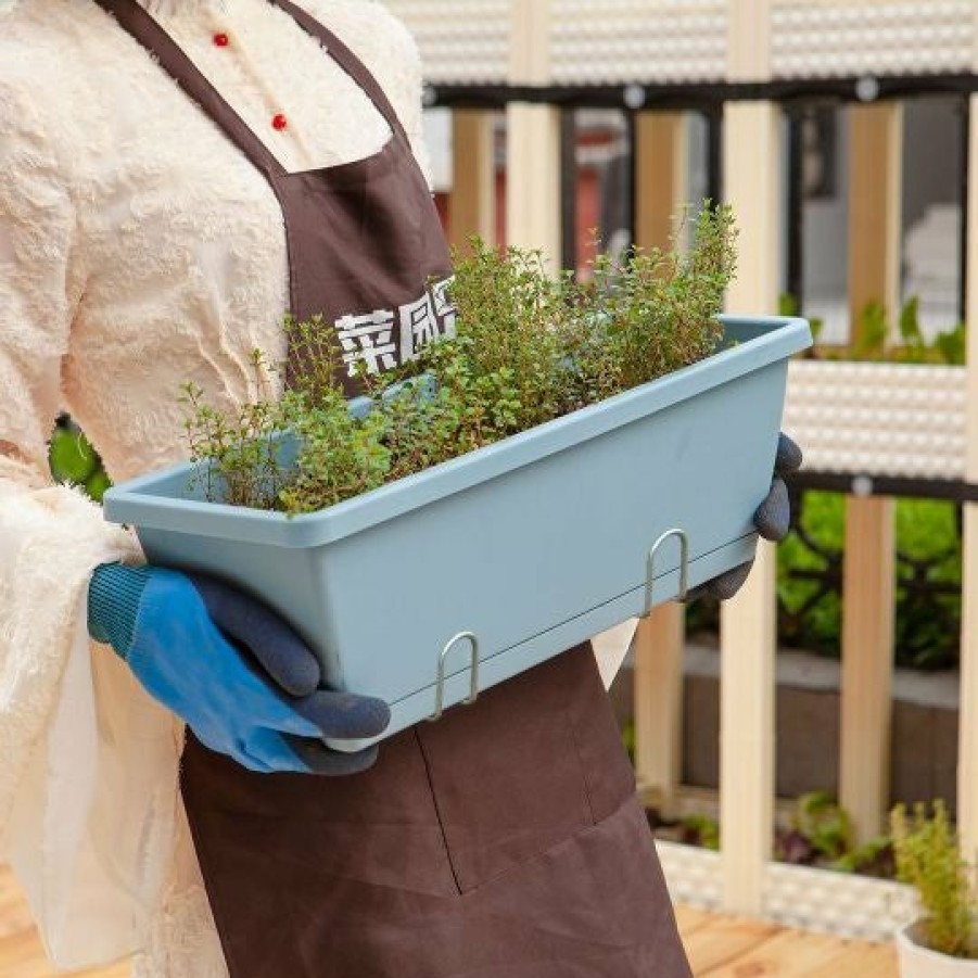 Outdoors Soga Garden Decor | Soga 49.5Cm Blue Rectangular Planter Vegetable Herb Flower Outdoor Plastic Box With Holder Balcony Garden Decor Set Of 5