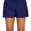 Women Fashion Boutique Swim Shorts | Navy Blue Elastic Drawstring Swim Shorts For Women