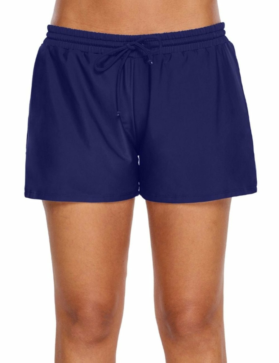 Women Fashion Boutique Swim Shorts | Navy Blue Elastic Drawstring Swim Shorts For Women