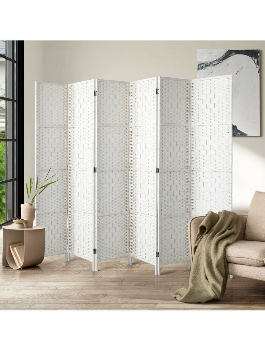 Home And Lifestyle Oikiture Room Dividers | Oikiture 6 Panel Room Divider Screen Privacy Dividers Woven Wood Folding White