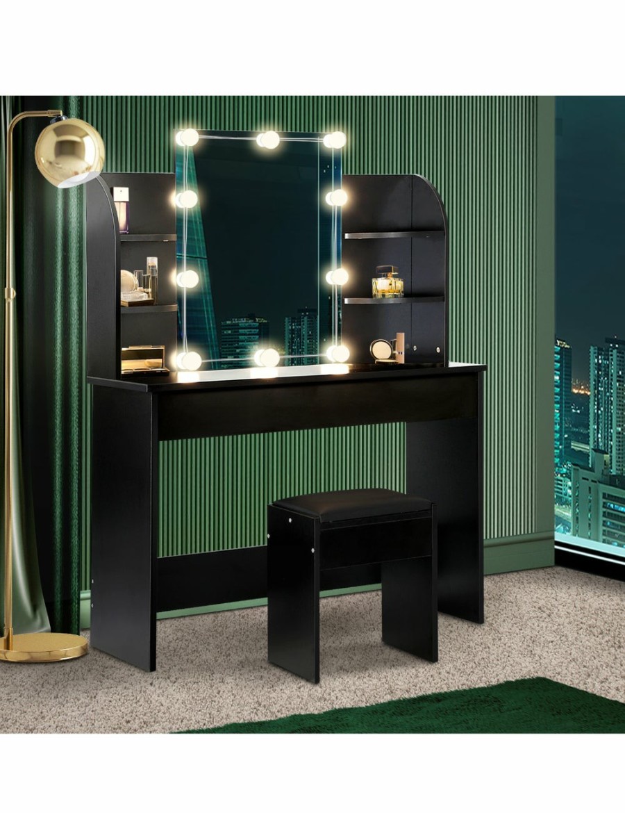 Home And Lifestyle Oikiture Dressing Tables | Oikiture Dressing Table Stool Set Makeup Mirror Storage Drawer 10Led Bulbs Black