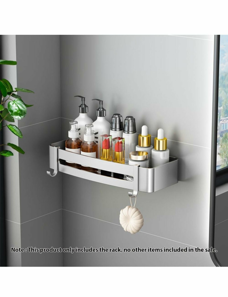 Home And Lifestyle Soga Bathroom Storage | Soga Silver Wall-Mounted Rectangular Bathroom Storage Organiser Space Saving Adhesive Shelf Rack With Hooks