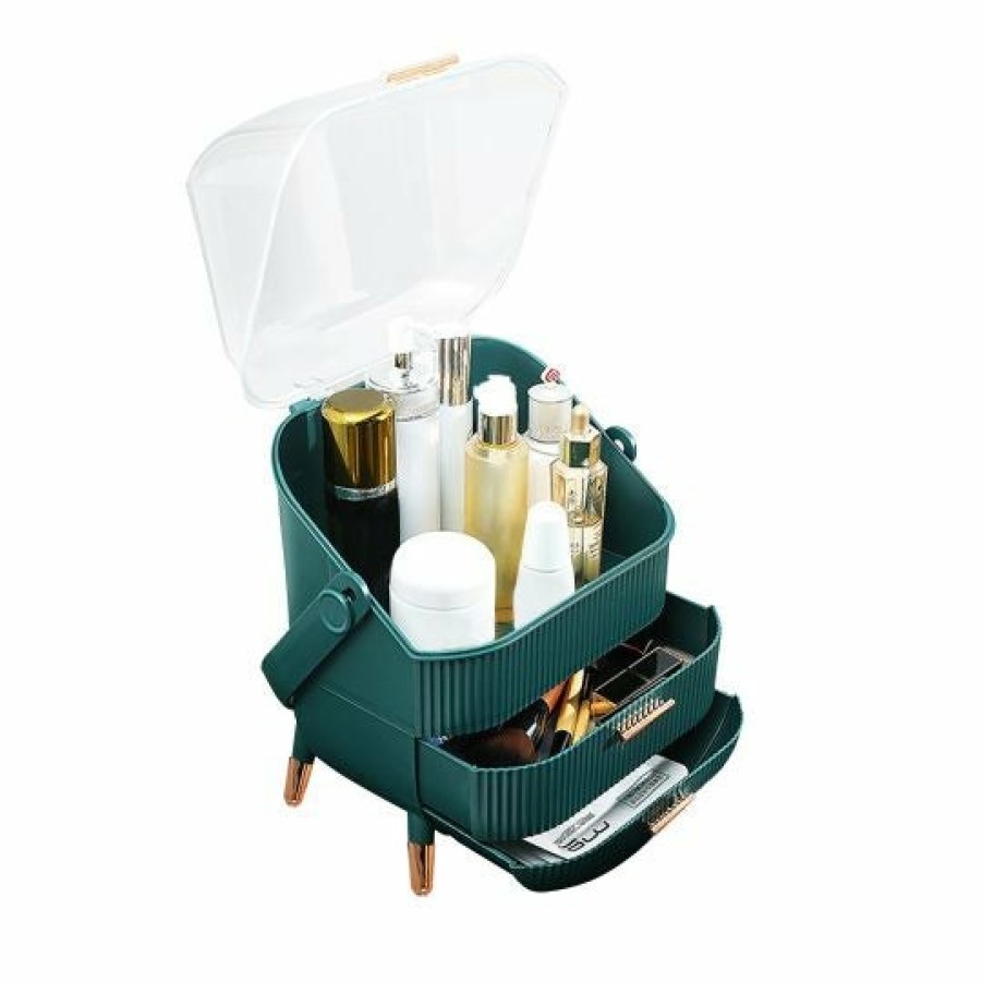 Beauty Soga | Soga 29Cm Green Countertop Makeup Cosmetic Storage Organiser Skincare Holder Jewelry Storage Box With Handle