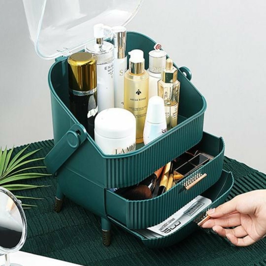 Beauty Soga | Soga 29Cm Green Countertop Makeup Cosmetic Storage Organiser Skincare Holder Jewelry Storage Box With Handle