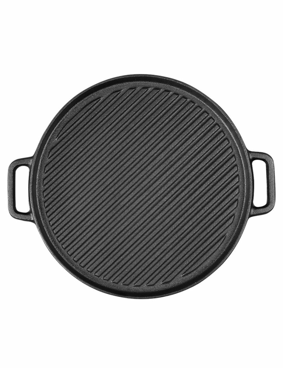 Outdoors Soga | Soga 30Cm Round Cast Iron Ribbed Bbq Pan Skillet Steak Sizzle Platter With Handle