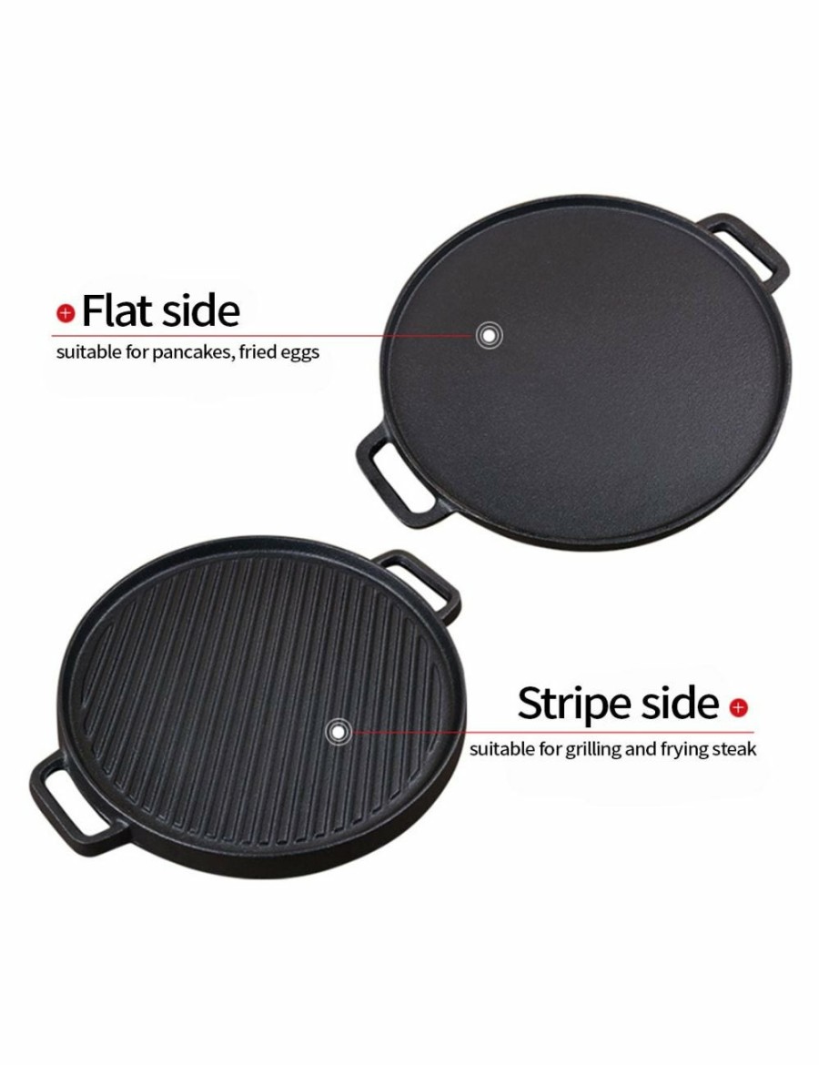 Outdoors Soga | Soga 30Cm Round Cast Iron Ribbed Bbq Pan Skillet Steak Sizzle Platter With Handle