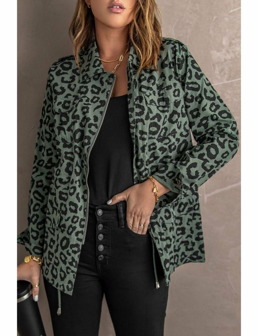 Women Azura Exchange Coats | Green Lapel Collar Zipper Drawstring Leopard Coat