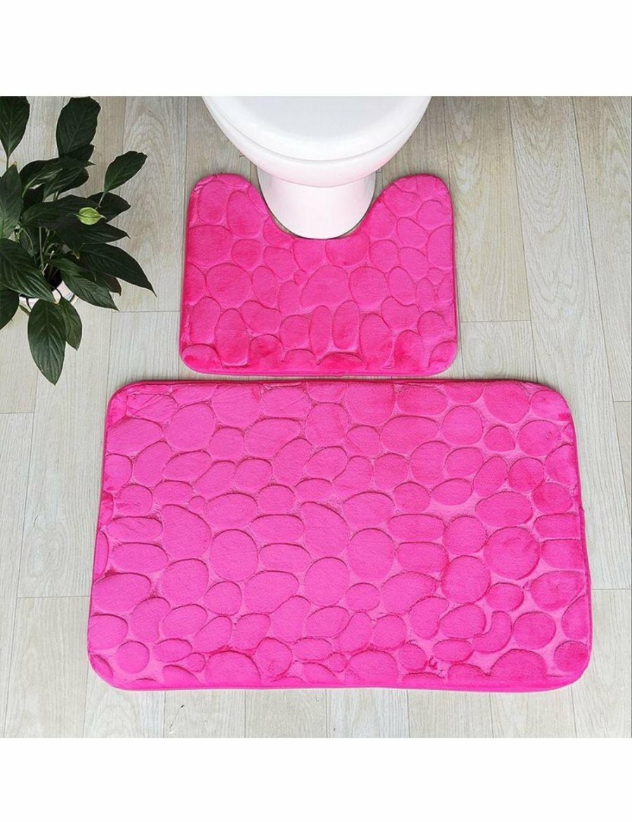 Home And Lifestyle HOD Health & Home Bath Mats | Pebbles Bath Mat Set Bathroom Square Shaped And U-Shaped Non-Slip Floor Mats - Rose Red