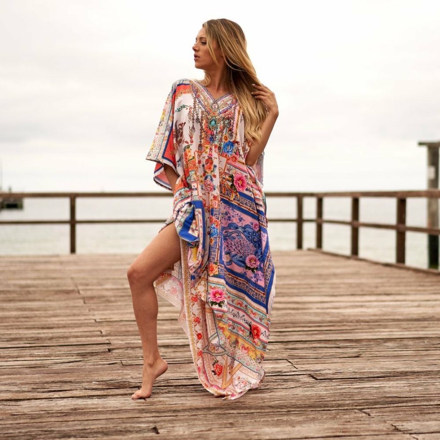 Women Linen Connections Cover-Ups | Silk Kaftan,Silk Floral Print Beach Coverup,Womens Silk Kaftan,Full Length Silk Caftan,Silk Resort Wear For Women,Long Silk Dress, 006