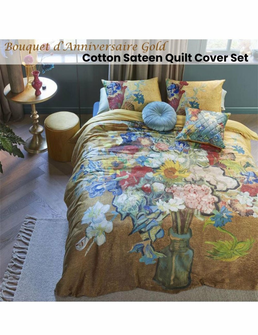 Home And Lifestyle Bedding House Quilt Cover Sets | Bedding House Van Gogh Bouquet D'Anniversaire Gold Cotton Sateen Quilt Cover Set