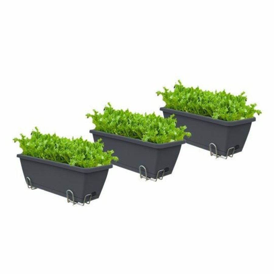 Outdoors Soga Garden Decor | Soga 49.5Cm Black Rectangular Planter Vegetable Herb Flower Outdoor Plastic Box With Holder Balcony Garden Decor Set Of 3