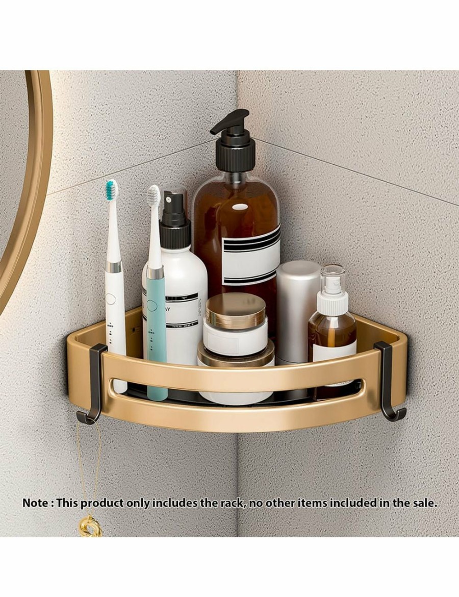 Home And Lifestyle Soga Bathroom Storage | Soga Gold Wall-Mounted Triangular Bathroom Storage Corner Vanity Organiser Space Saving Adhesive Shelf Rack With Hooks