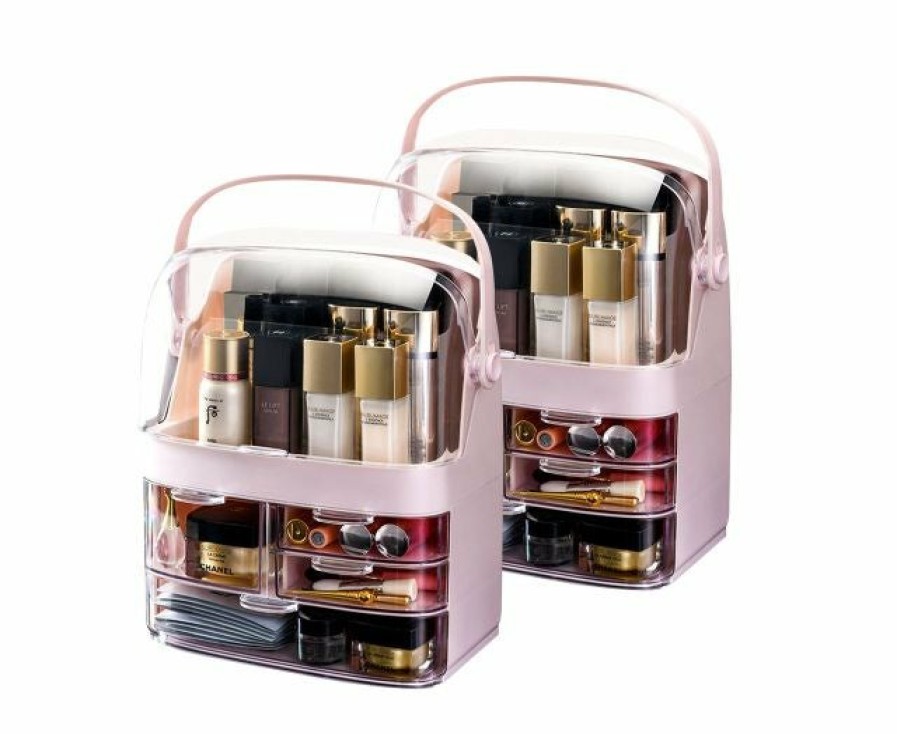 Beauty Soga | Soga 2X 3 Tier Pink Countertop Makeup Cosmetic Storage Organiser Skincare Holder Jewelry Storage Box With Handle