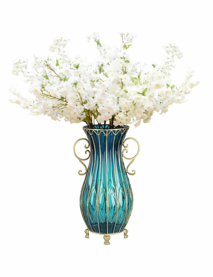 Home And Lifestyle Soga Vases & Bowls | Soga 51Cm Blue Glass Vase And 10Pc White Artificial Flowers