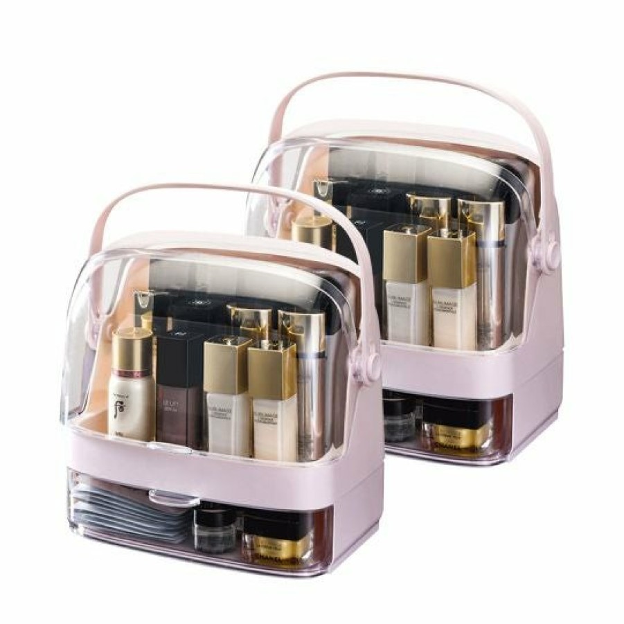 Beauty Soga | Soga 2X 2 Tier Pink Countertop Makeup Cosmetic Storage Organiser Skincare Holder Jewelry Storage Box With Handle