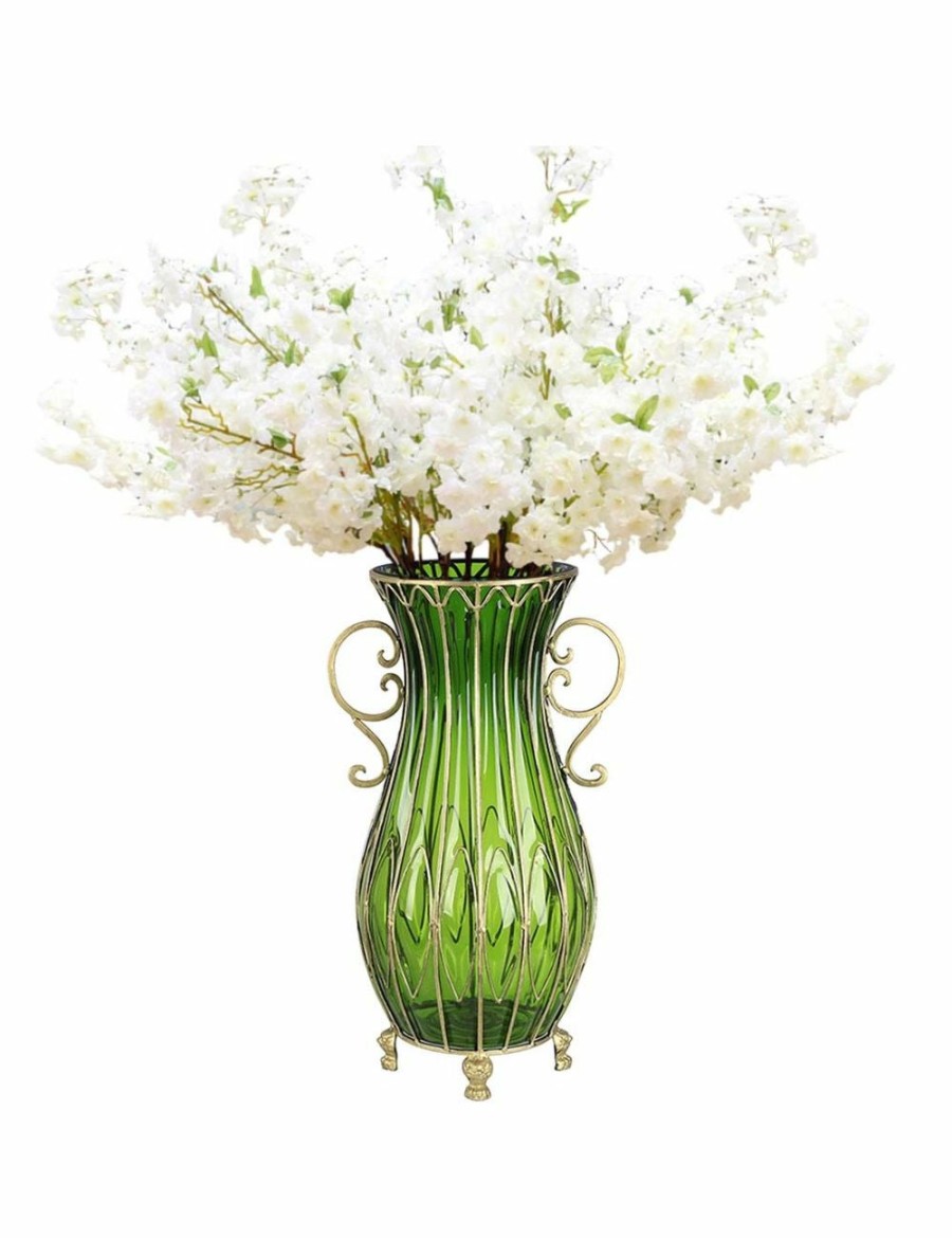 Home And Lifestyle Soga Vases & Bowls | Soga 51Cm Green Glass Vase And 10Pc White Artificial Flowers