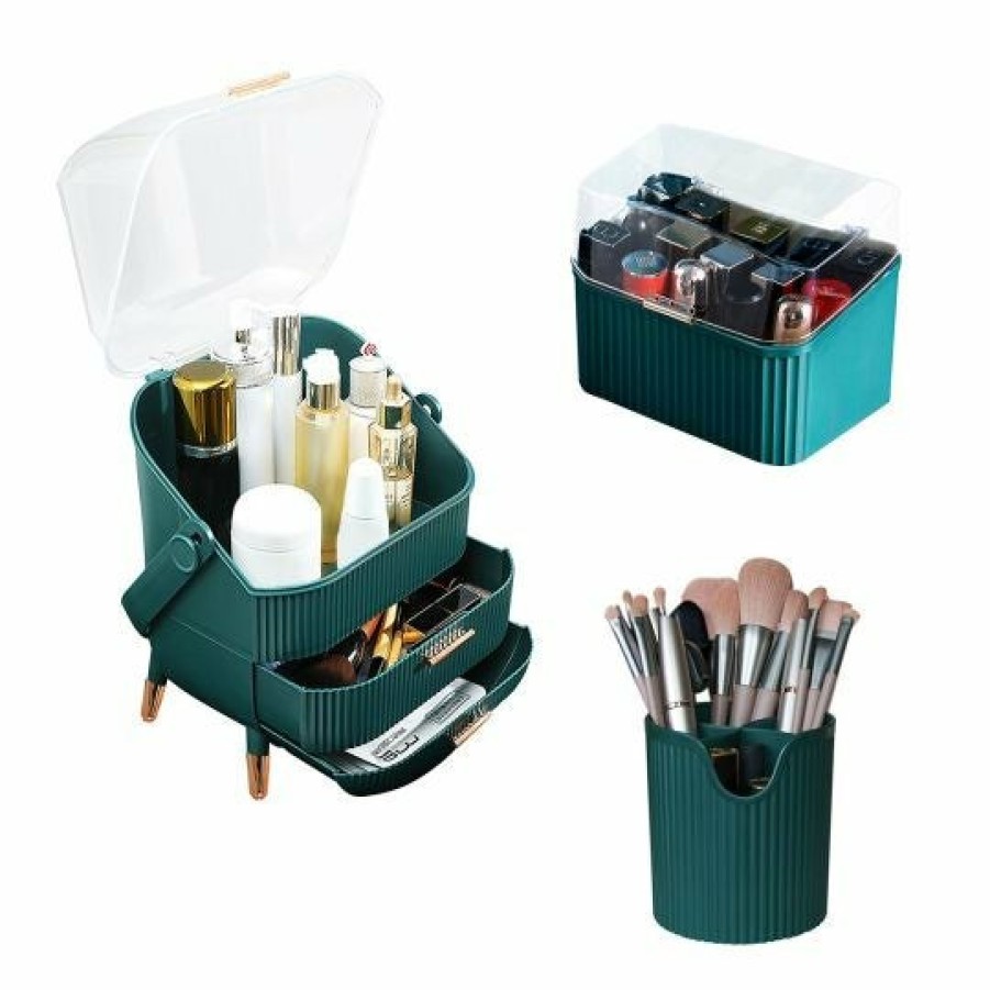 Beauty Soga | Soga Green Cosmetic Jewelry Storage Organiser Set Makeup Brush Lipstick Skincare Holder Jewelry Storage Box With Handle