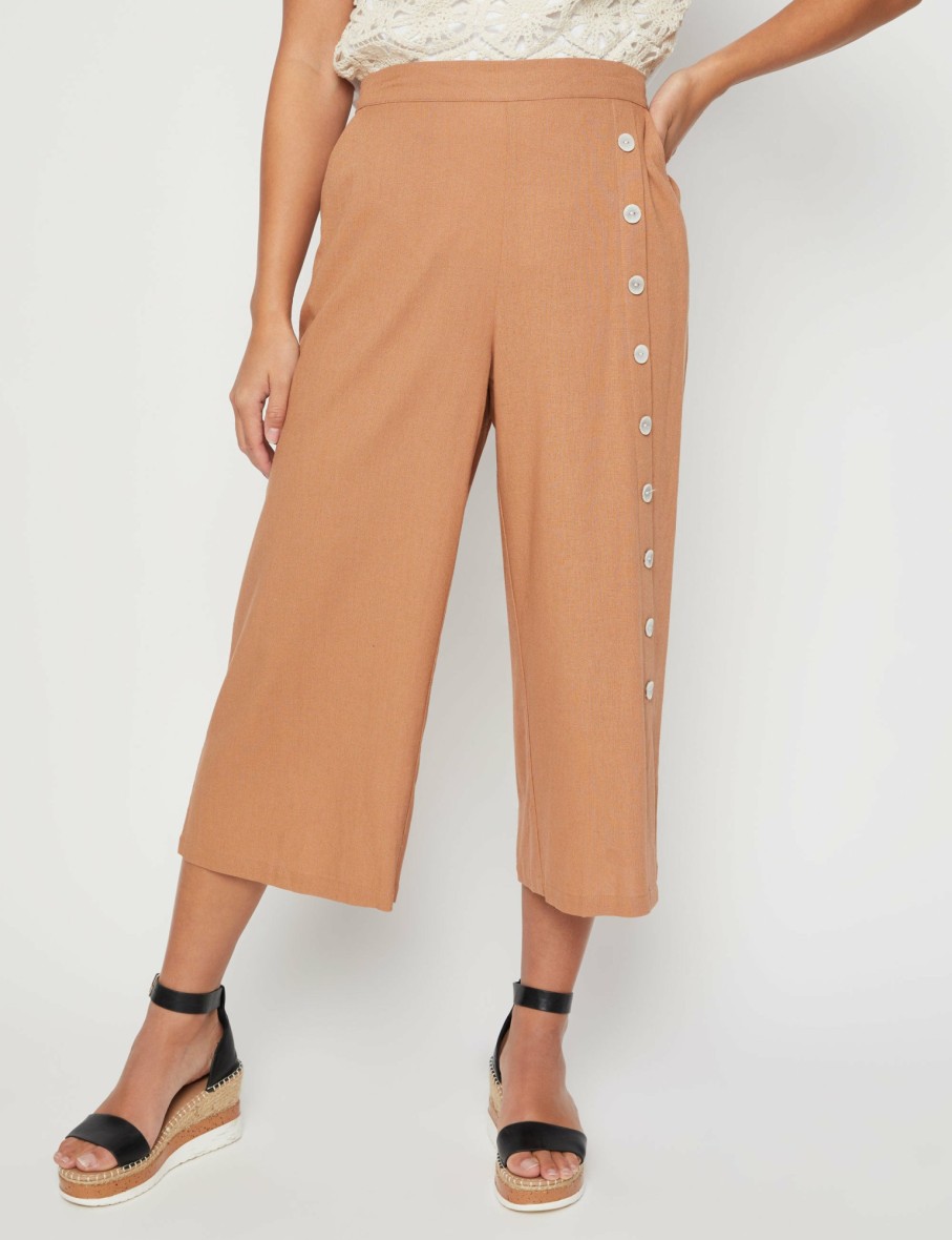 Women Millers Crops & Capris | Millers Crop Length Wide Leg Button Trim Linen Blend Pant