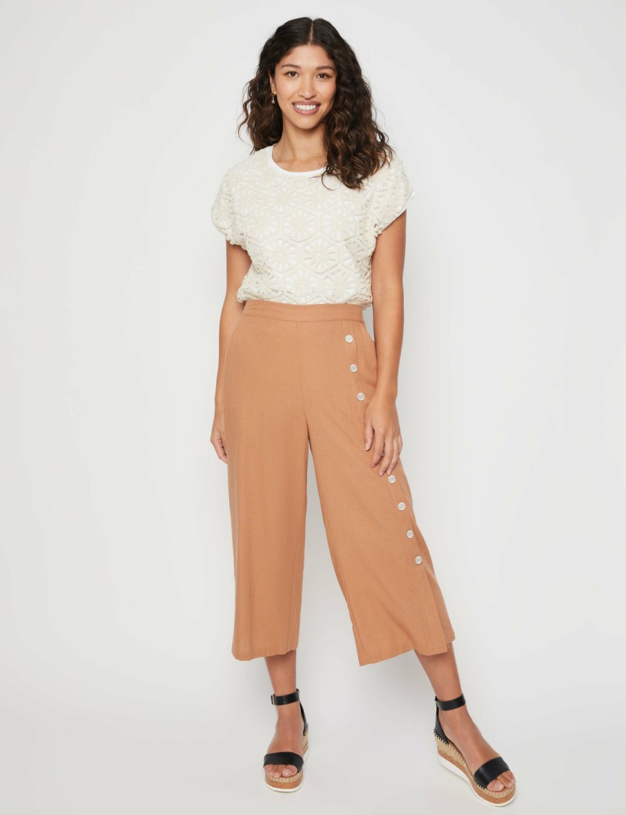 Women Millers Crops & Capris | Millers Crop Length Wide Leg Button Trim Linen Blend Pant