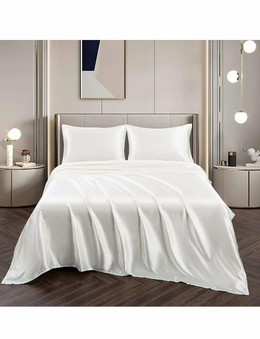 Home And Lifestyle VIKUS Silk Sheets | Soft Silky Satin Sheet Set 4Pc 2000Tc Double Bed Flat/Fitted White